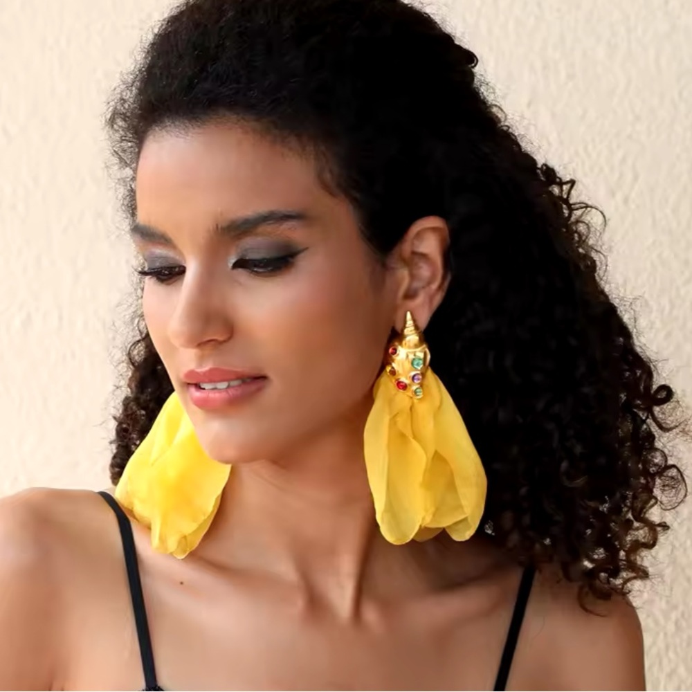 Amélie-Yellow Handmade Long Original Design Fabric Flower Conch Earring.HOT ITEM